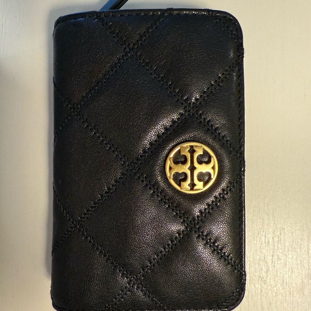 Tory Burch Quilted Black Phone Case with Gold Logo